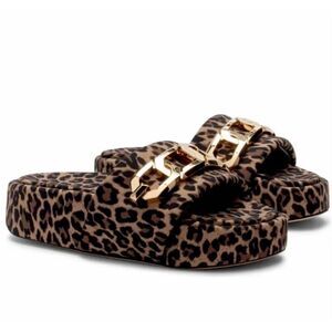 Good American Zoey Chain Platform Slides Leopard New Size 6